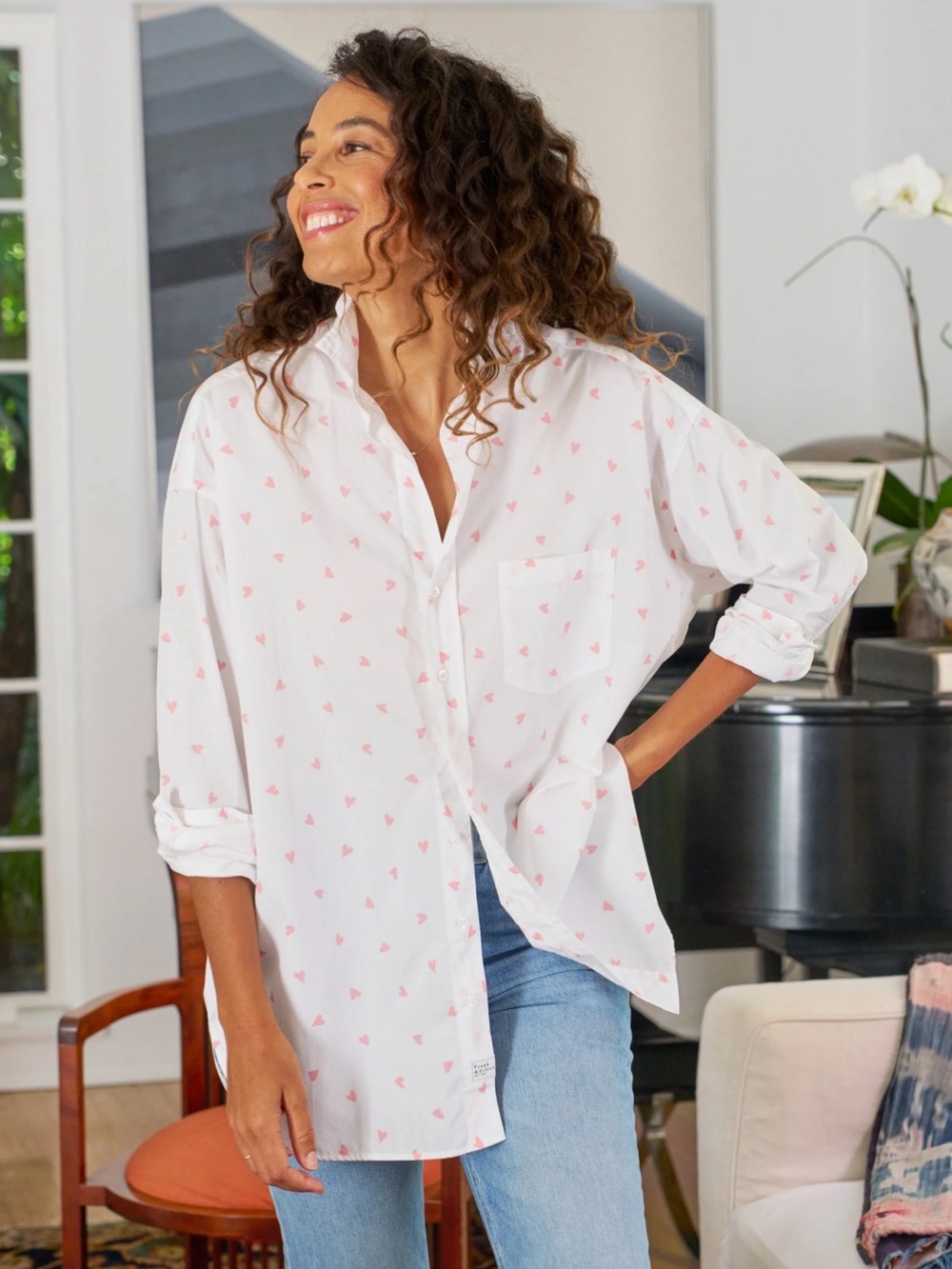 Frank & Eileen White Button-Down Shirt with Pink Heart Print
